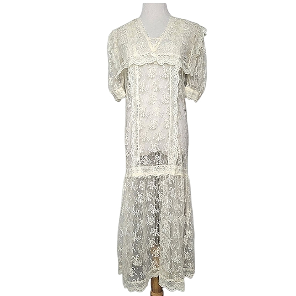 Vintage Lace Drop Waist Sheer Dress Nightgown Victorian Bridal Wedding Fairycore - Picture 2 of 14
